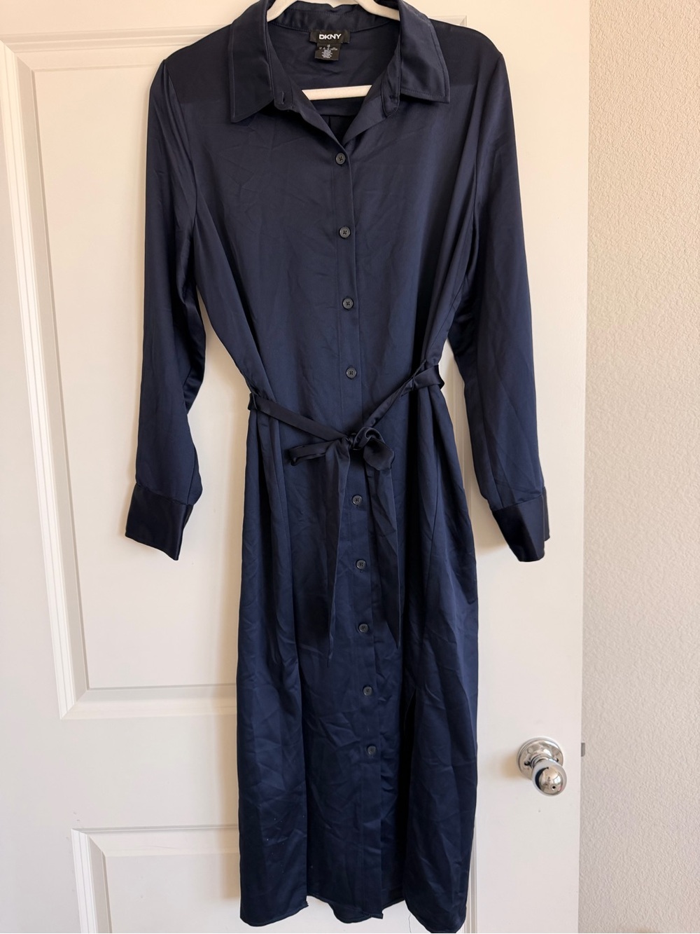 DKNY Navy Long-Sleeve Button-Front Shirt Dress with Waist Tie